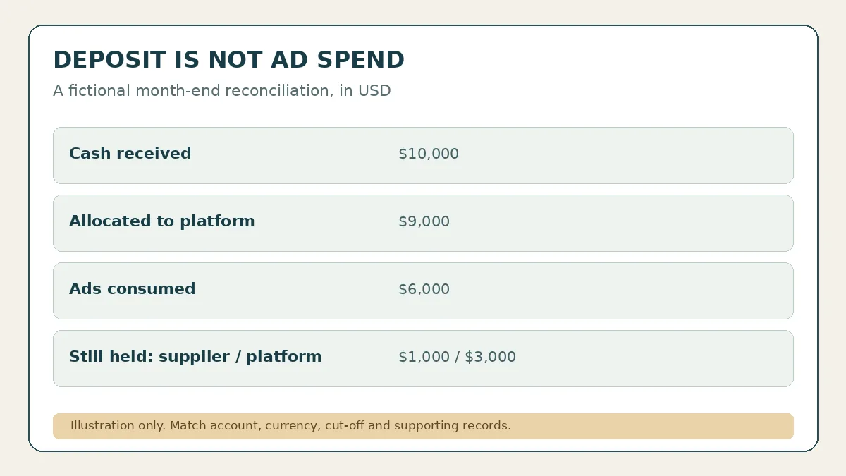 Fictional two-ledger illustration separating a 10000 dollar deposit, supplier-held funds, platform balance and consumed ad spend