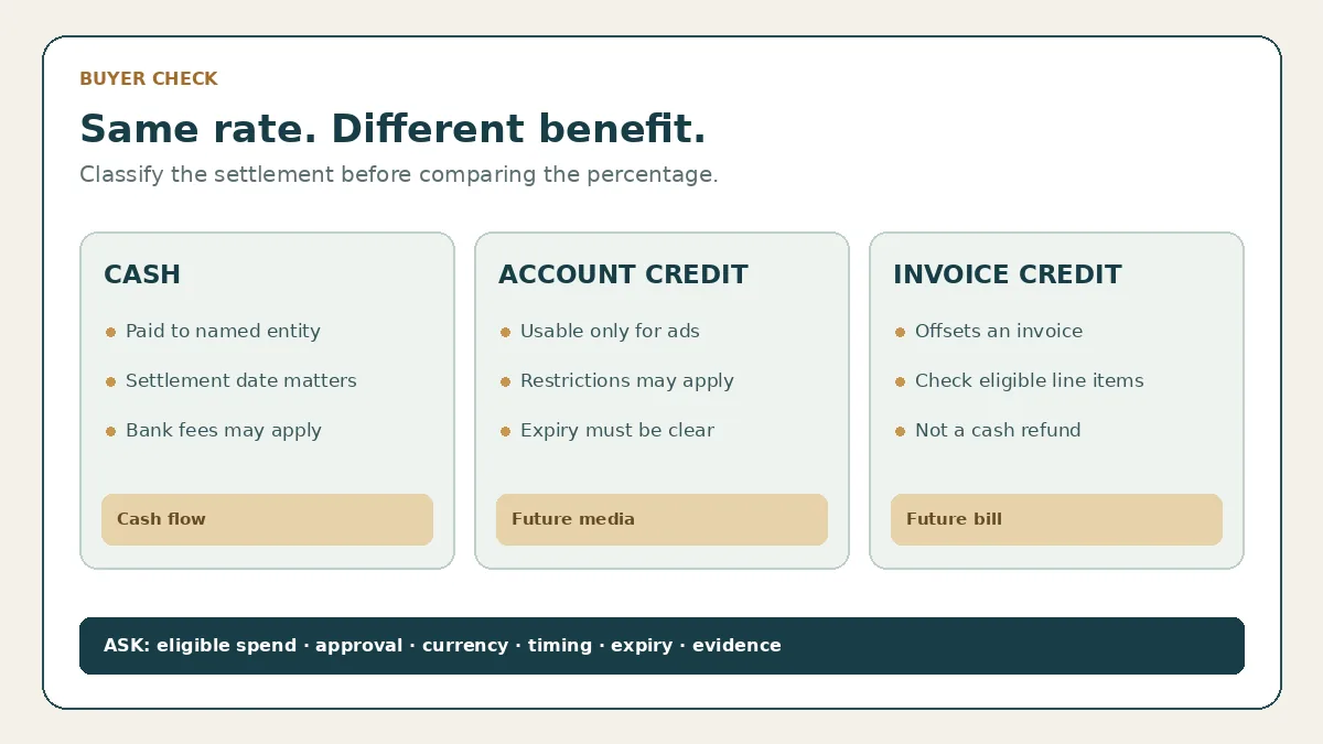 Buyer comparison of cash, advertising account credit and invoice credit rebate settlement types
