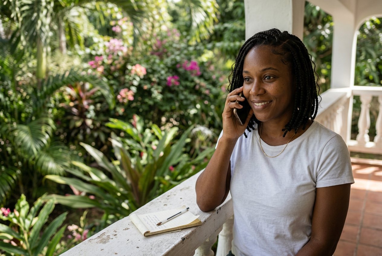 A woman on her veranda arranging an appointment by phone
