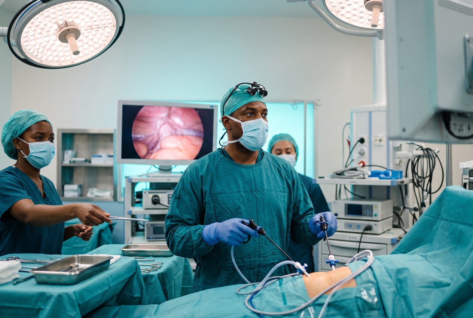 A masked surgical team performing keyhole surgery while watching a monitor