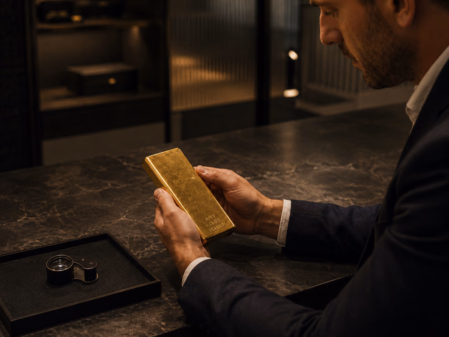 Man in suit examining a gold bar on a dark marble table with a magnifying glass nearby.