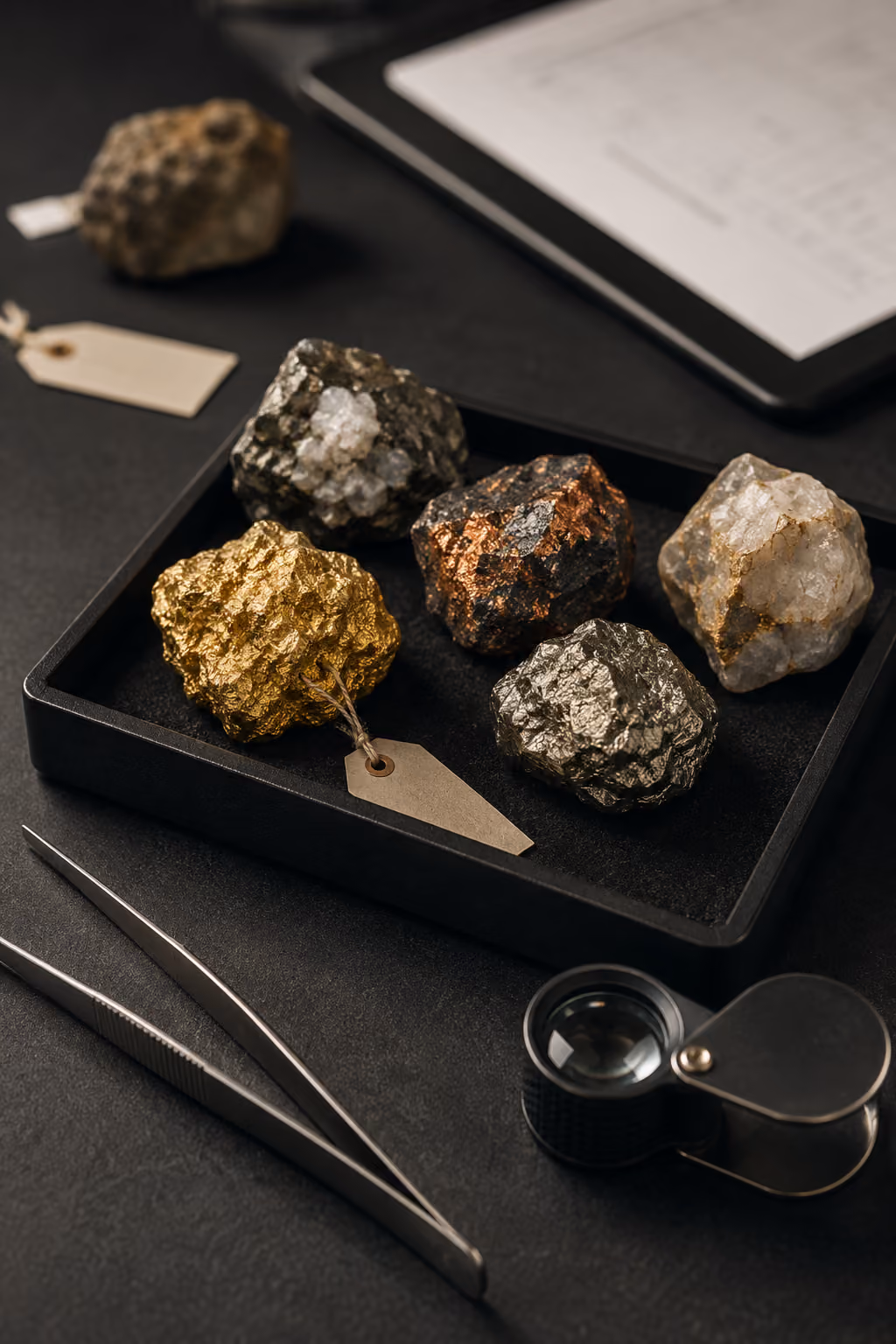 Tray with samples of gold, pyrite, and other metallic mineral ores with labeling tags and analyzing tools.