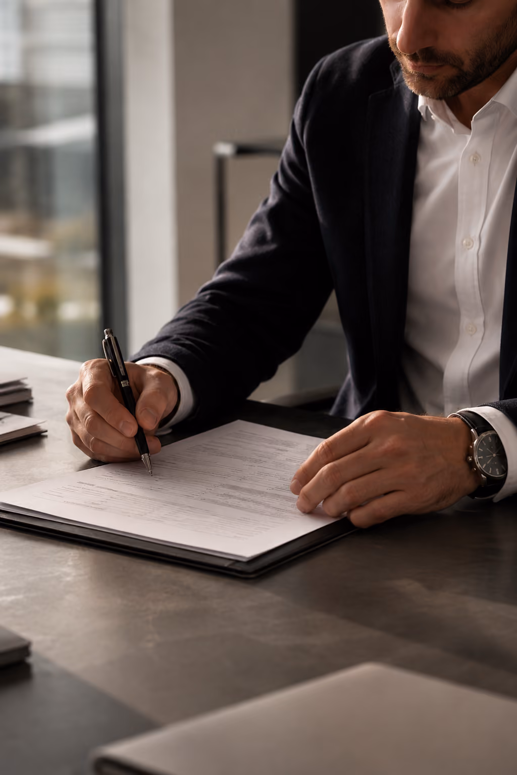 Man in suit writing on a document at a desk with a pen in his right hand.