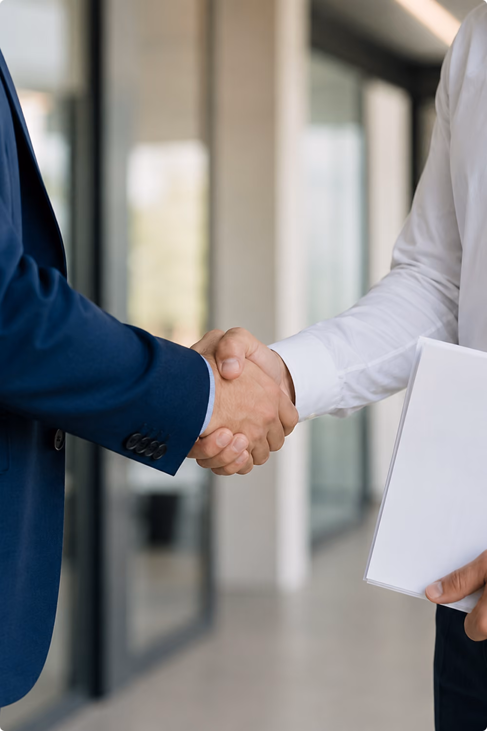 Two people shaking hands, one in a blue suit and the other holding papers in white shirt.