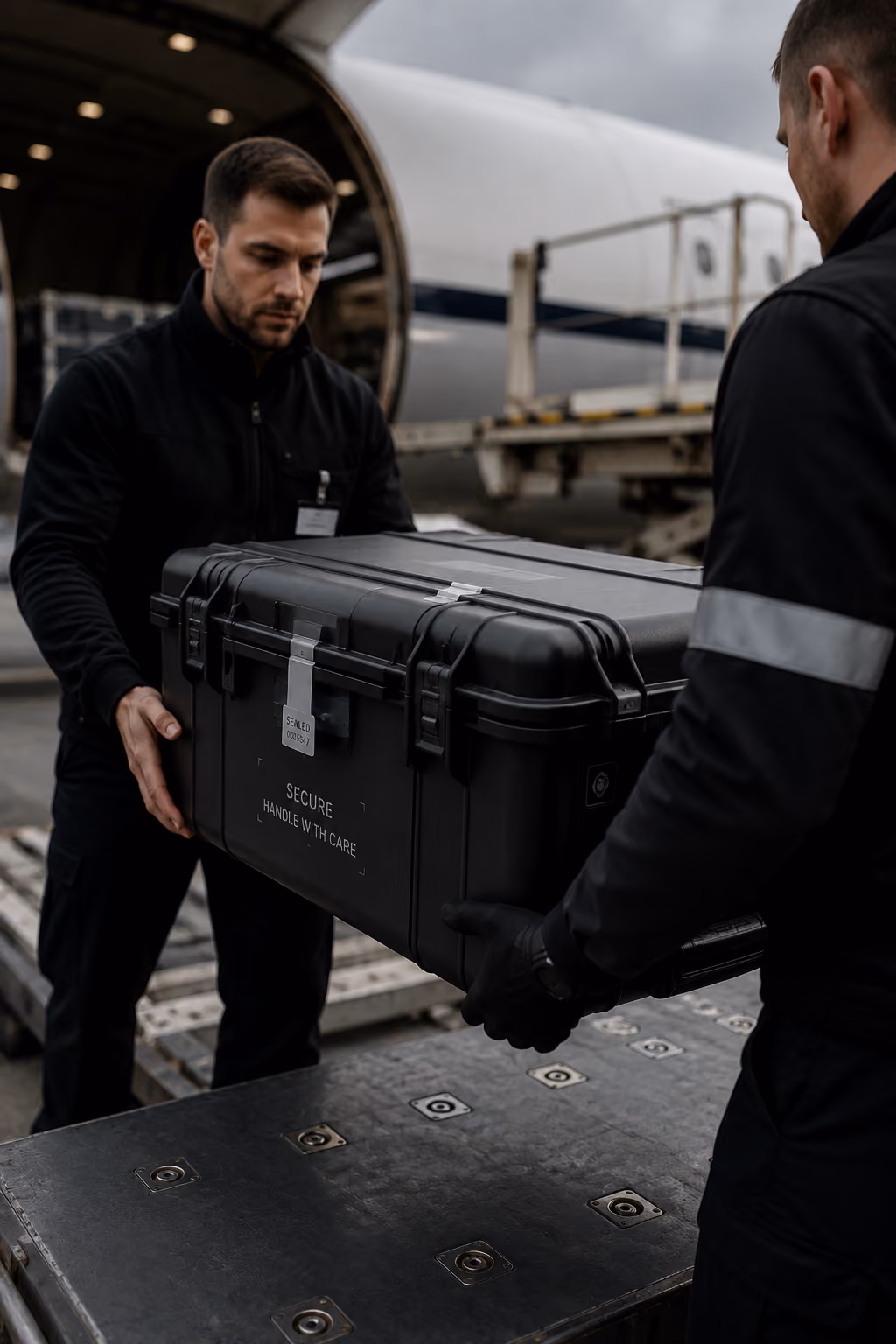 Two workers wearing black uniforms unload a sealed, secure black case from an airplane cargo hold.