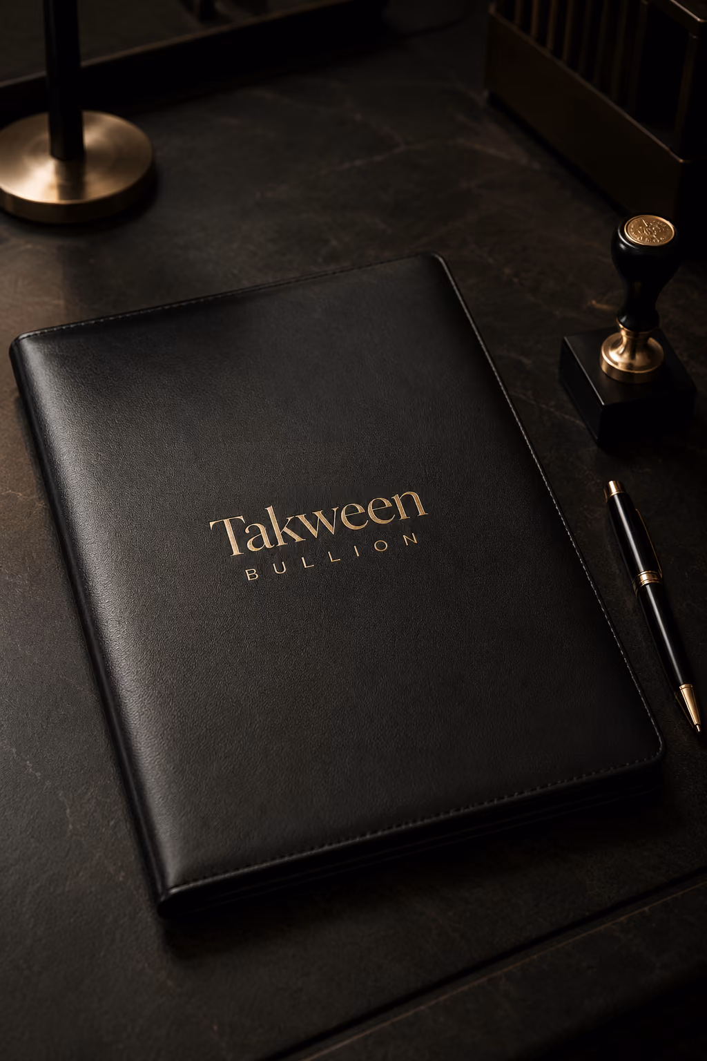 Black leather folder with gold text 'Takween Bullion' on a dark desk, next to a pen and seal stamp.