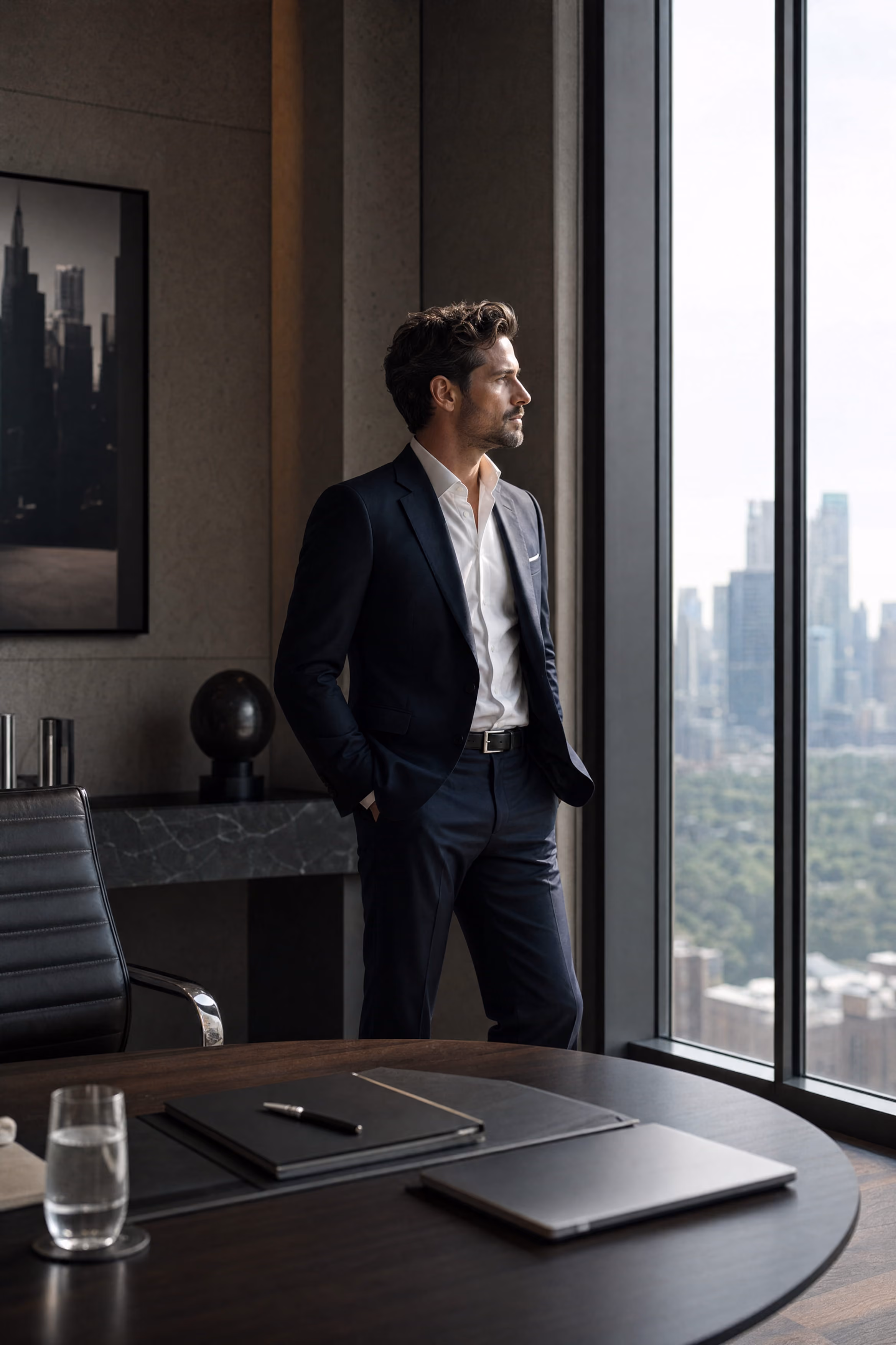 Man in dark suit looking out office window at city skyline with round table and laptop in foreground.