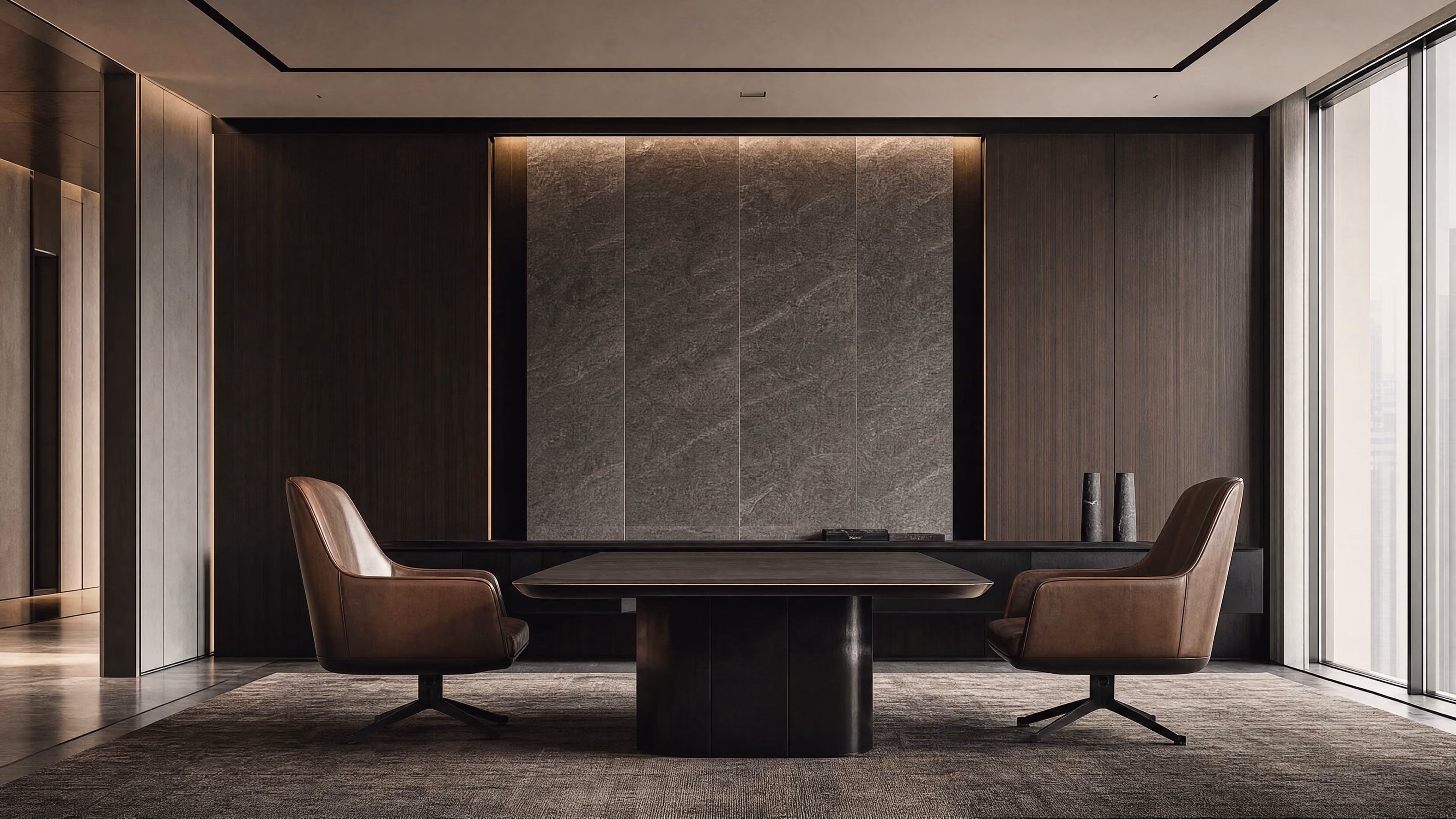 Modern office with two leather chairs facing a dark rectangular table in front of a stone wall panel.