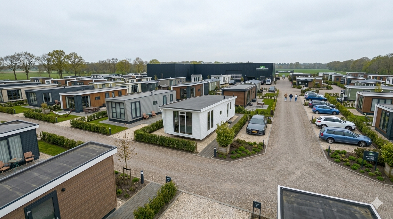 Het showterrein van EasyHome in Ermelo, met rijen gerenoveerde chalets.