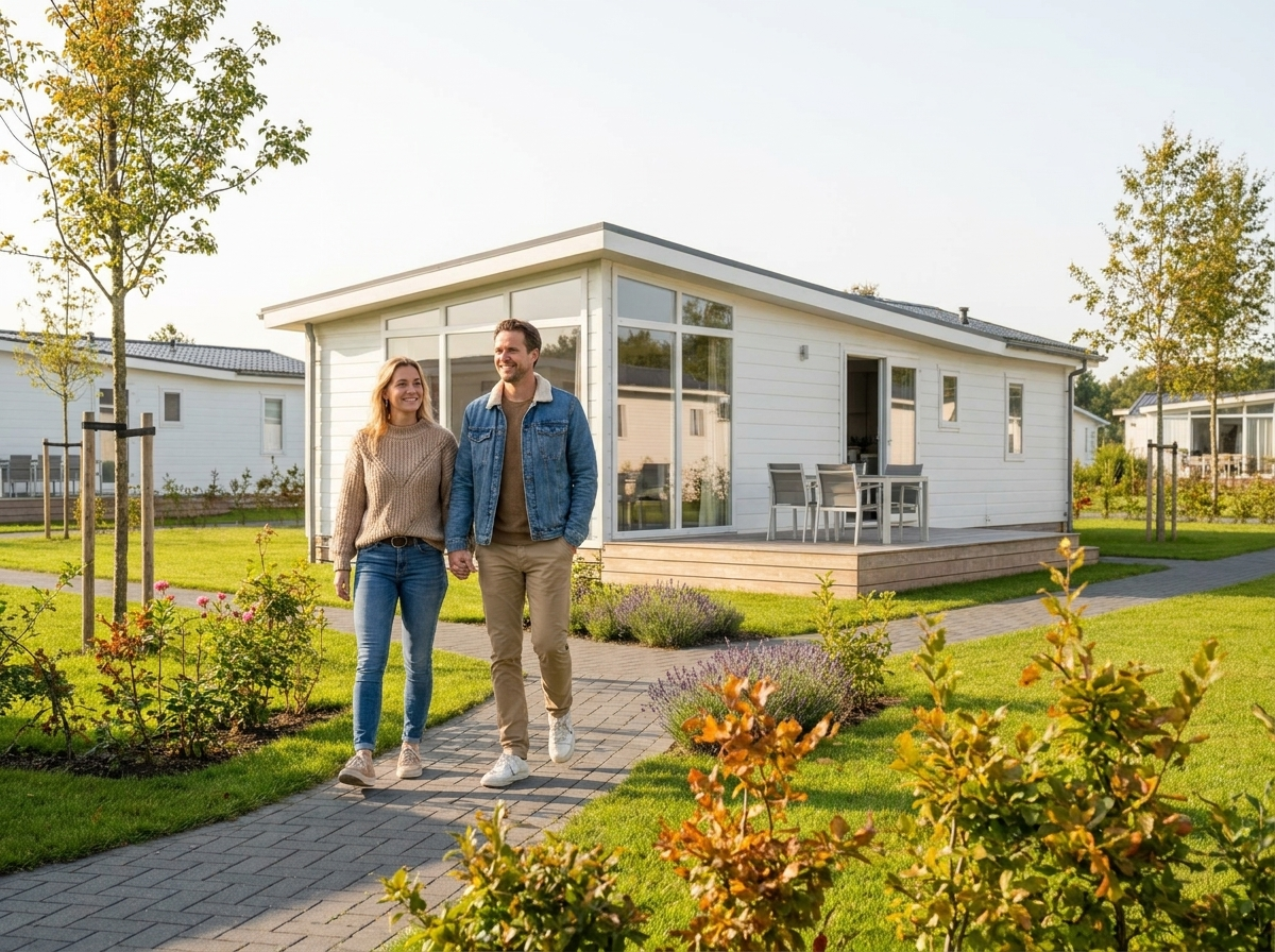 Een koppel bekijkt een chalet tijdens een bezichtiging op het showterrein in Ermelo.