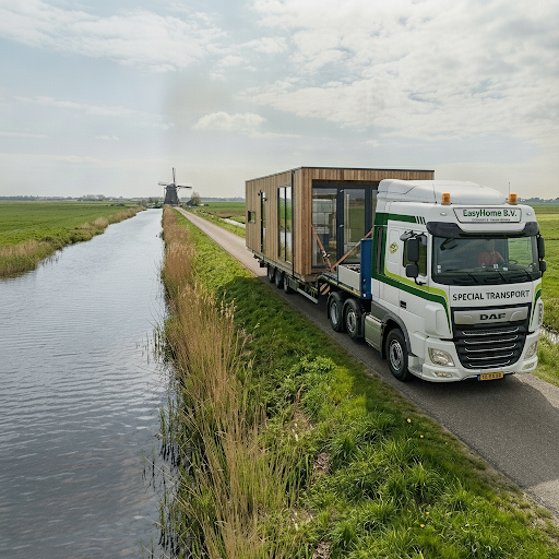 Transport en waterpas plaatsing van het chalet op de kavel.