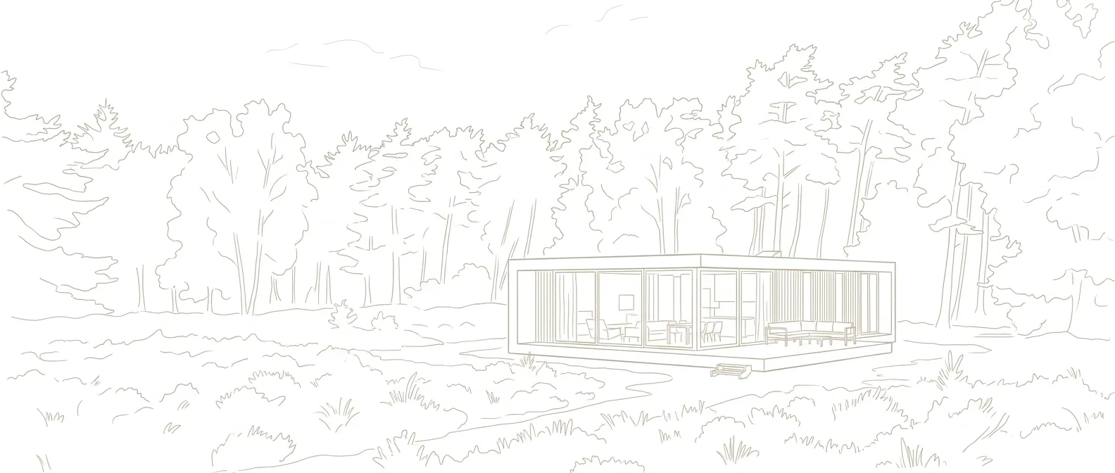 Lijntekening van een modern chalet aan de bosrand.