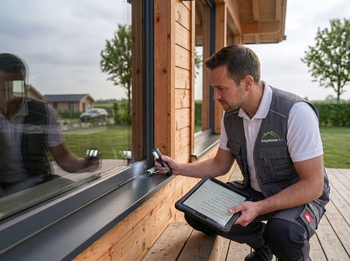 Vakman beoordeelt de staat van een chalet tijdens de keuring.