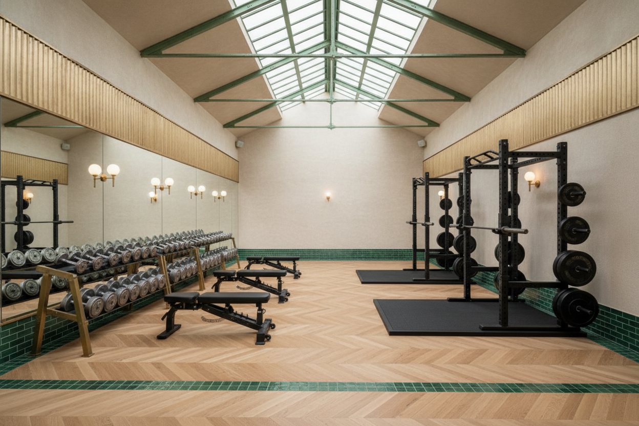 Le plateau force, haltères le long du miroir et bancs face aux racks