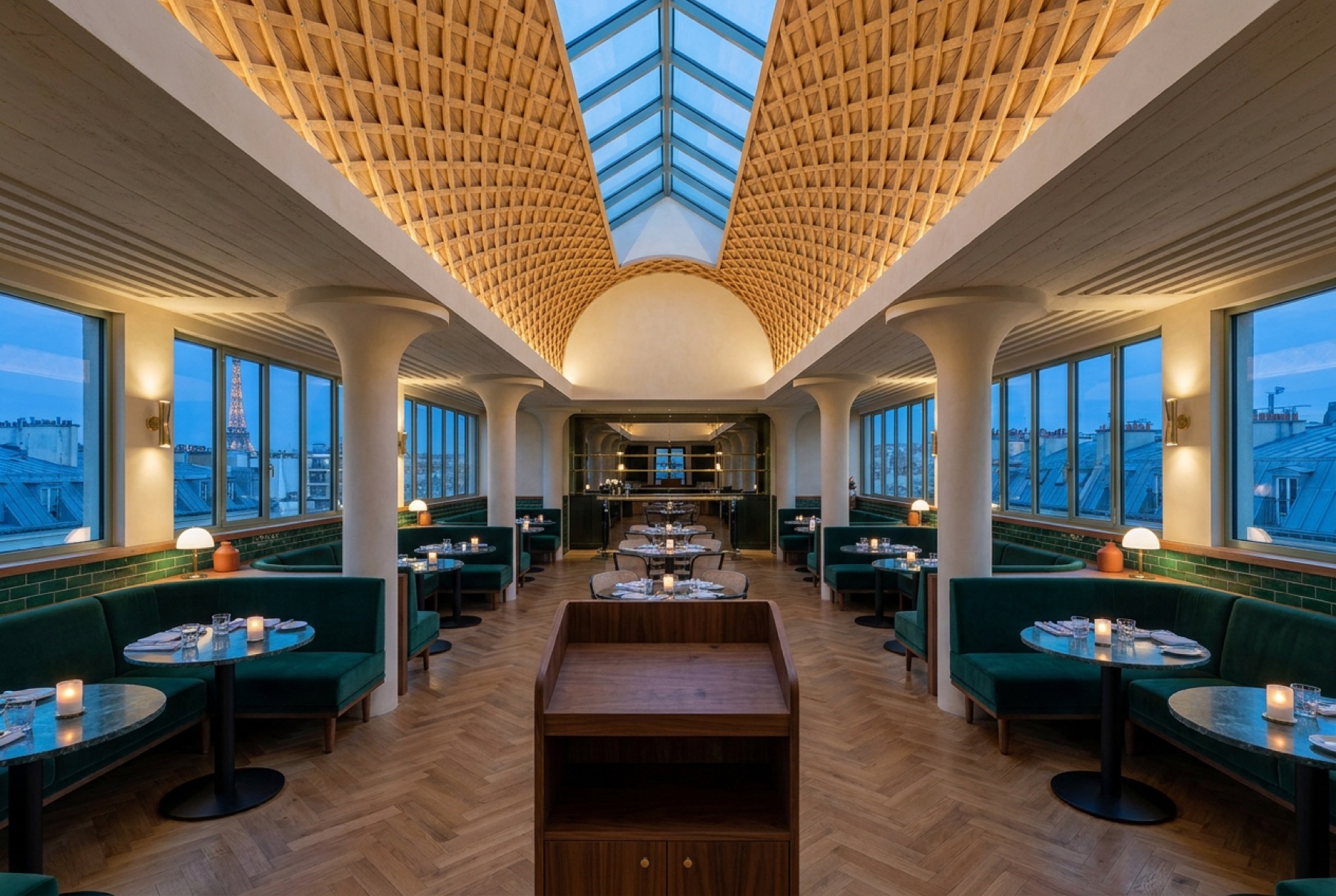Le restaurant du dernier étage sous la charpente de bois de 1930, tour Eiffel au crépuscule