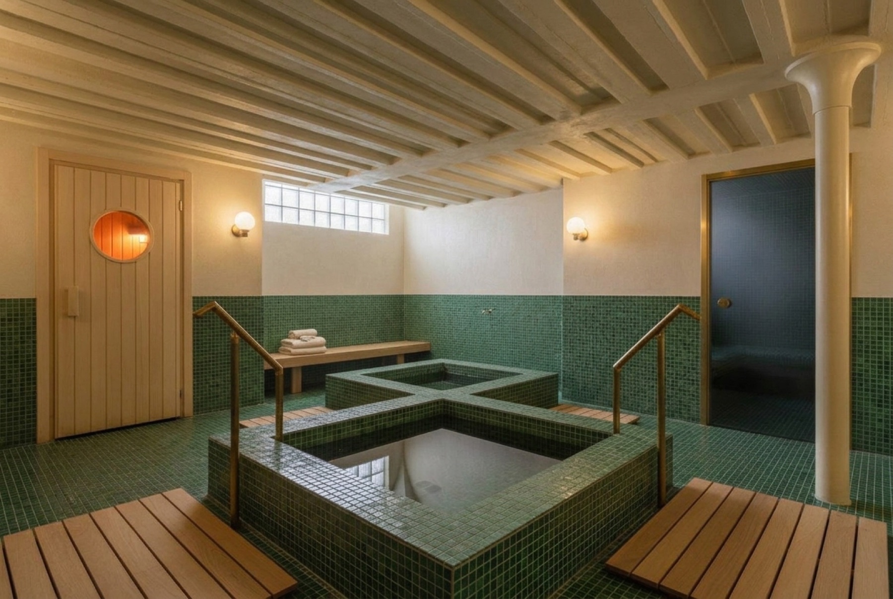 Le parcours chaud-froid : bains froids en croix, caillebotis, porte hublot du sauna, porte vitrée du hammam