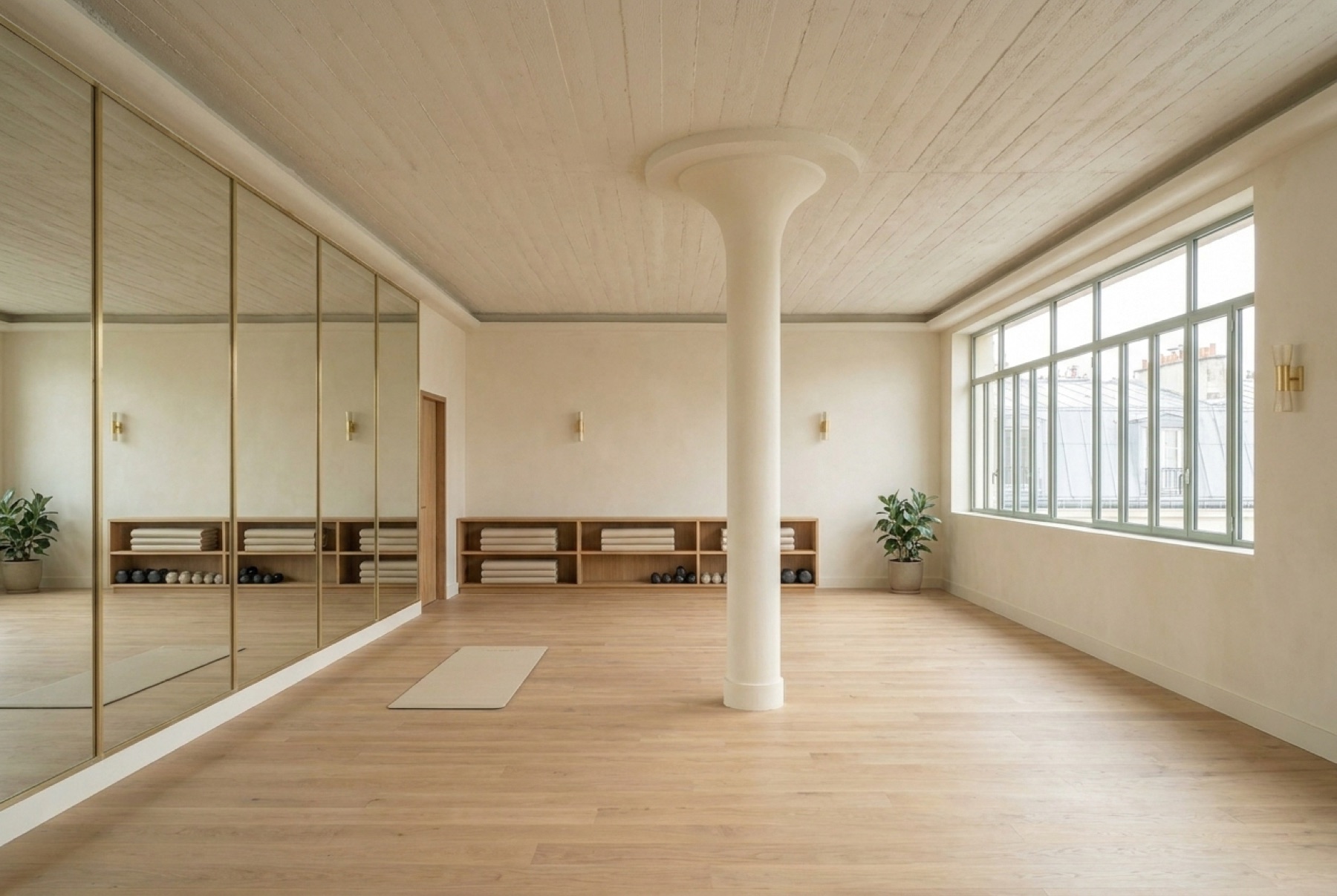 Le grand studio de cours collectifs, miroirs et rangements