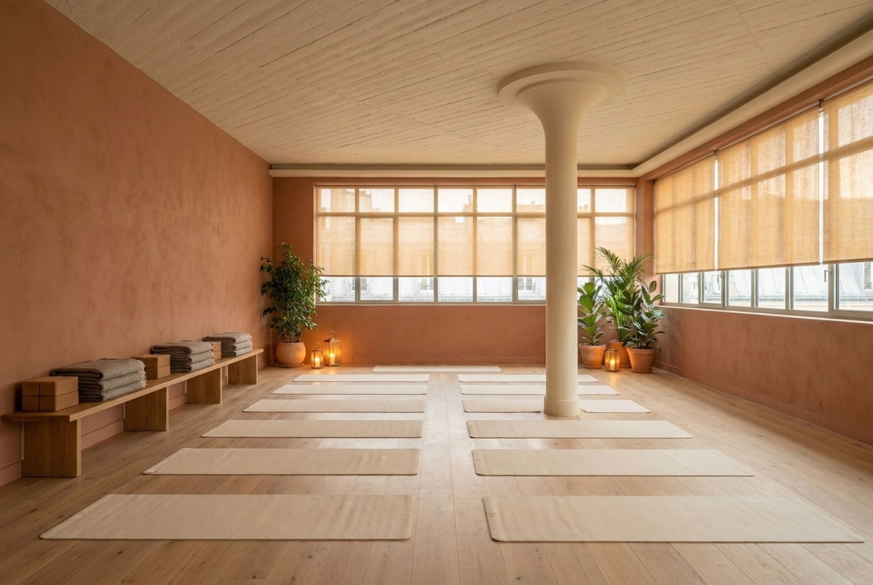 Le studio yoga aux murs terracotta, stores de lin sur les baies