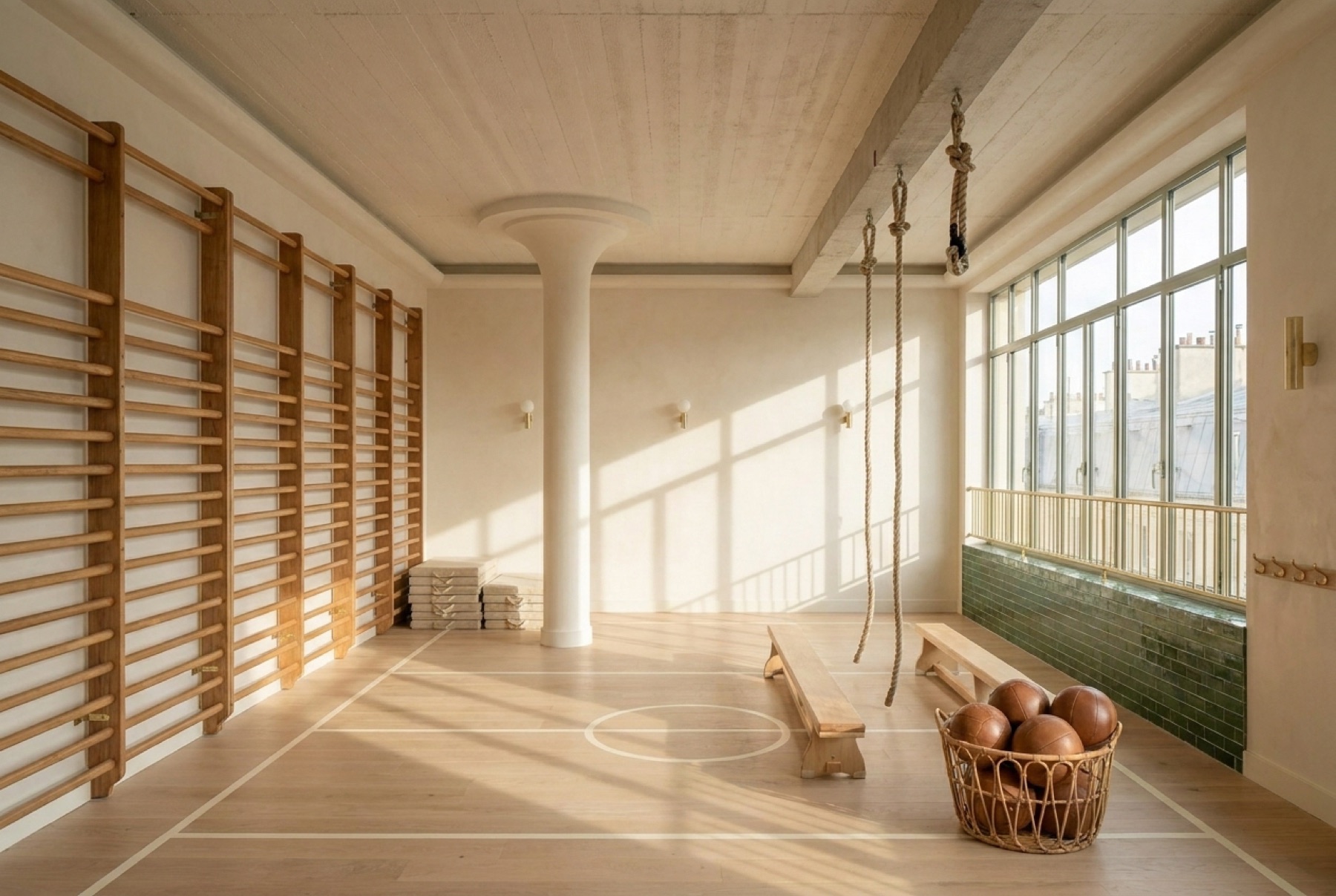 Le studio sport des 6-12 ans, espaliers de bois et cordes à grimper