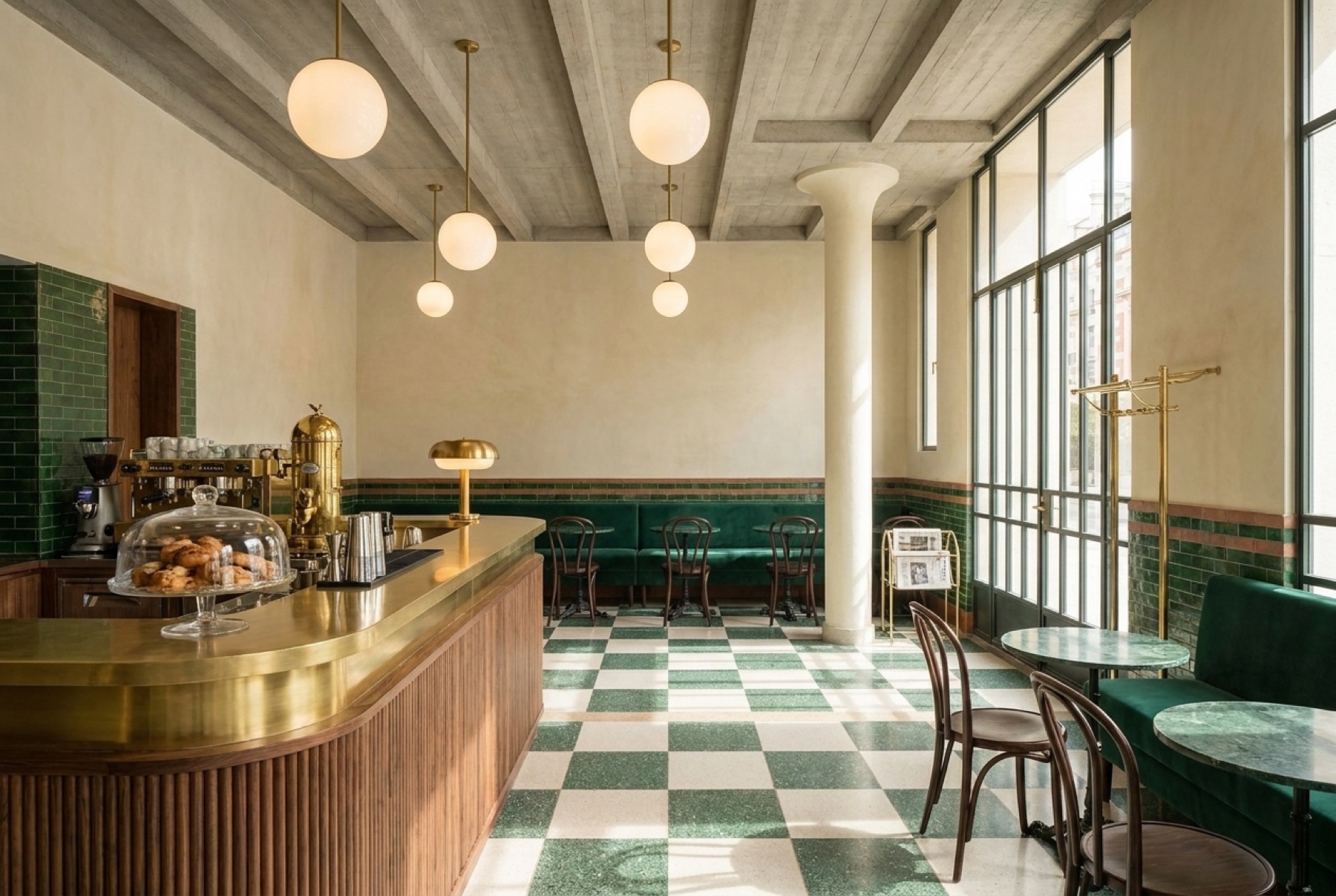 Le café du club, comptoir laiton ouvert sur le hall