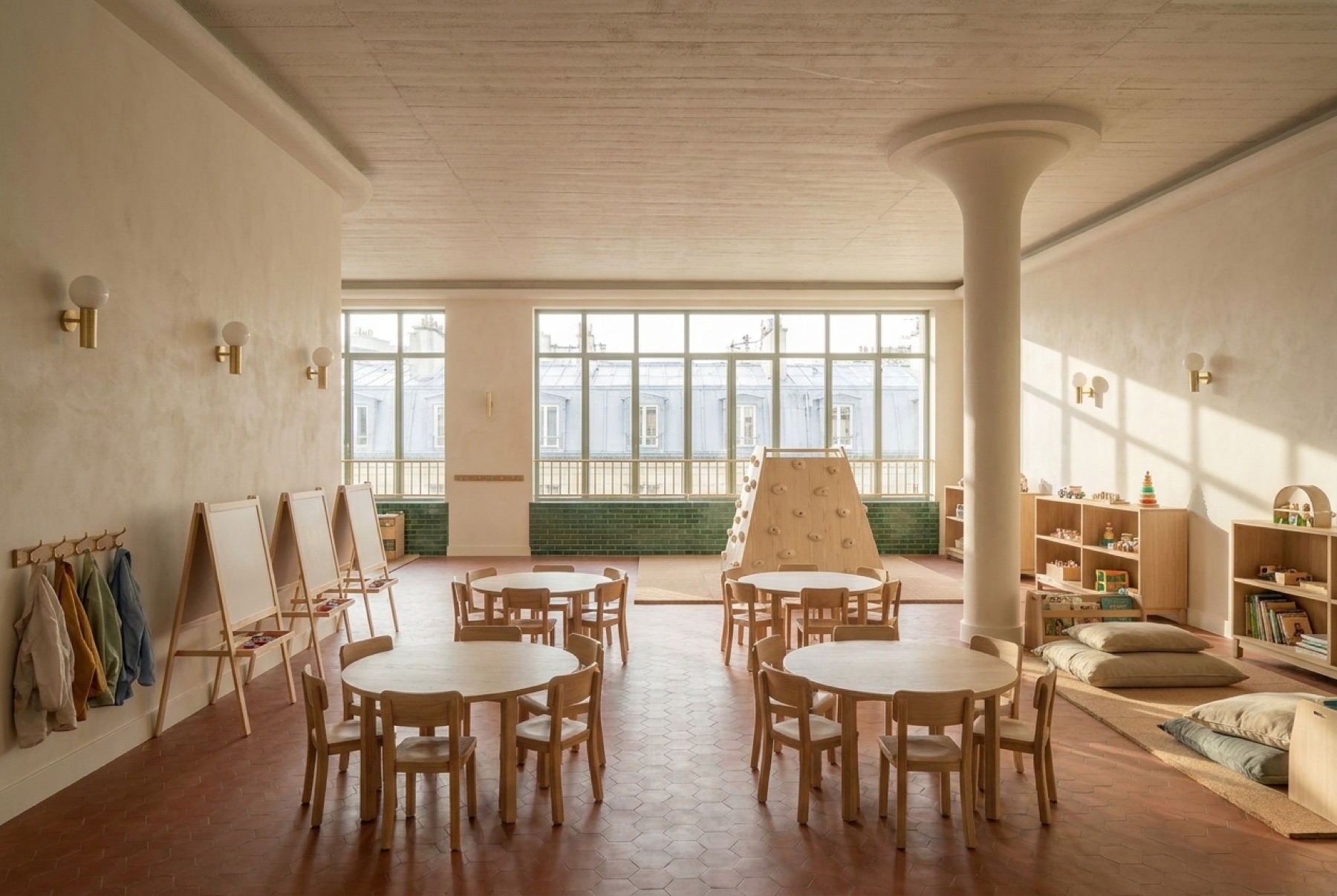 L'atelier des 3-6 ans : quatre tables de six, chevalets de peinture, coin lecture