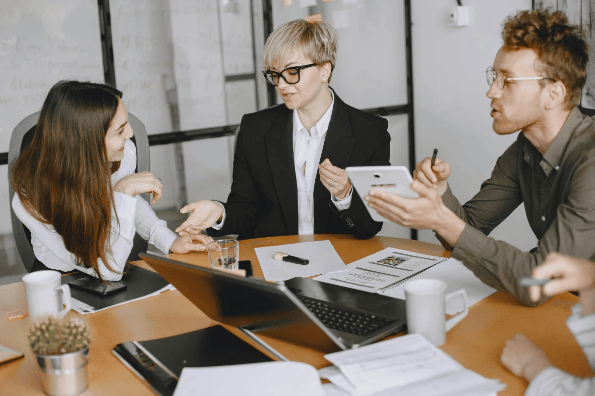 Business team in a meeting discussing a project.