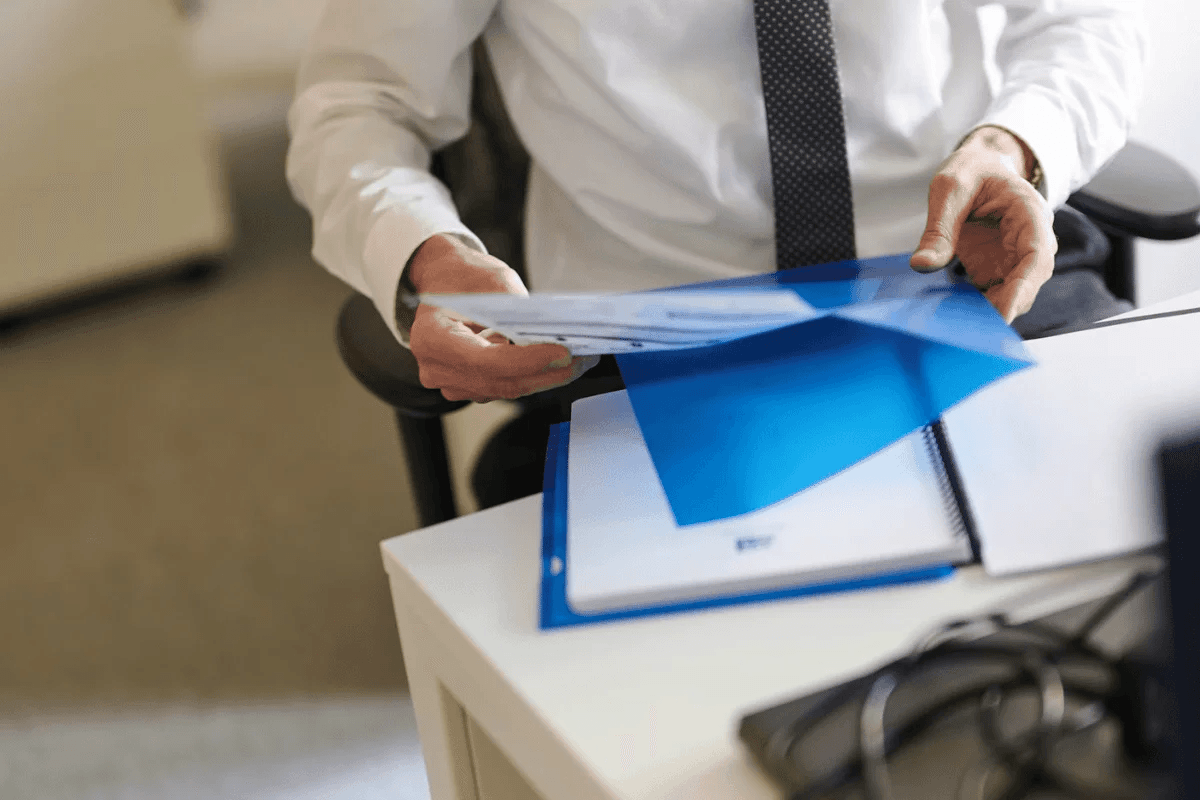 Close-up of a person's hands organizing documents in a well-lit office setting.