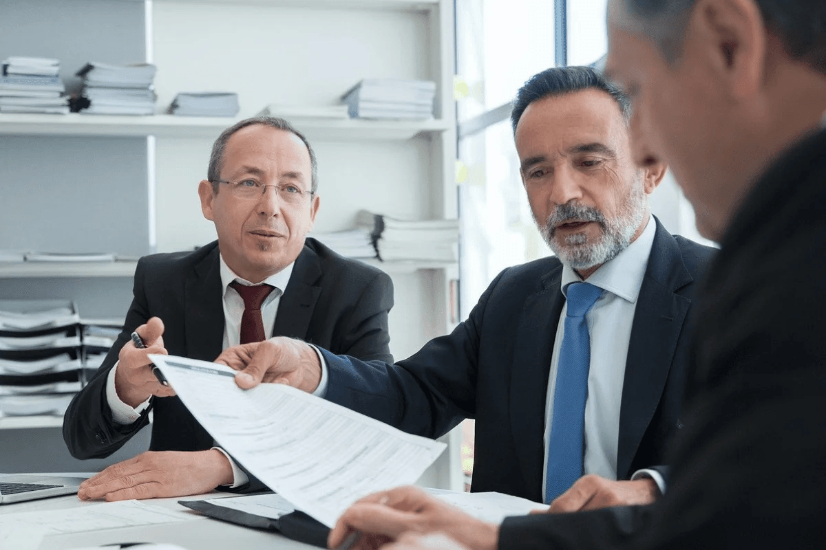 Three businessmen in suits examining paperwork on a table in a professional setting.