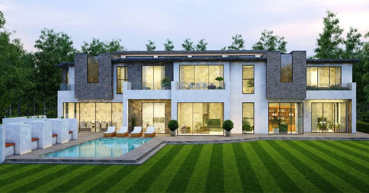 Showcase of a luxurious modern mansion with expansive glass windows and a pristine swimming pool, illustrating the type of high-end property typically financed through high net worth mortgages.