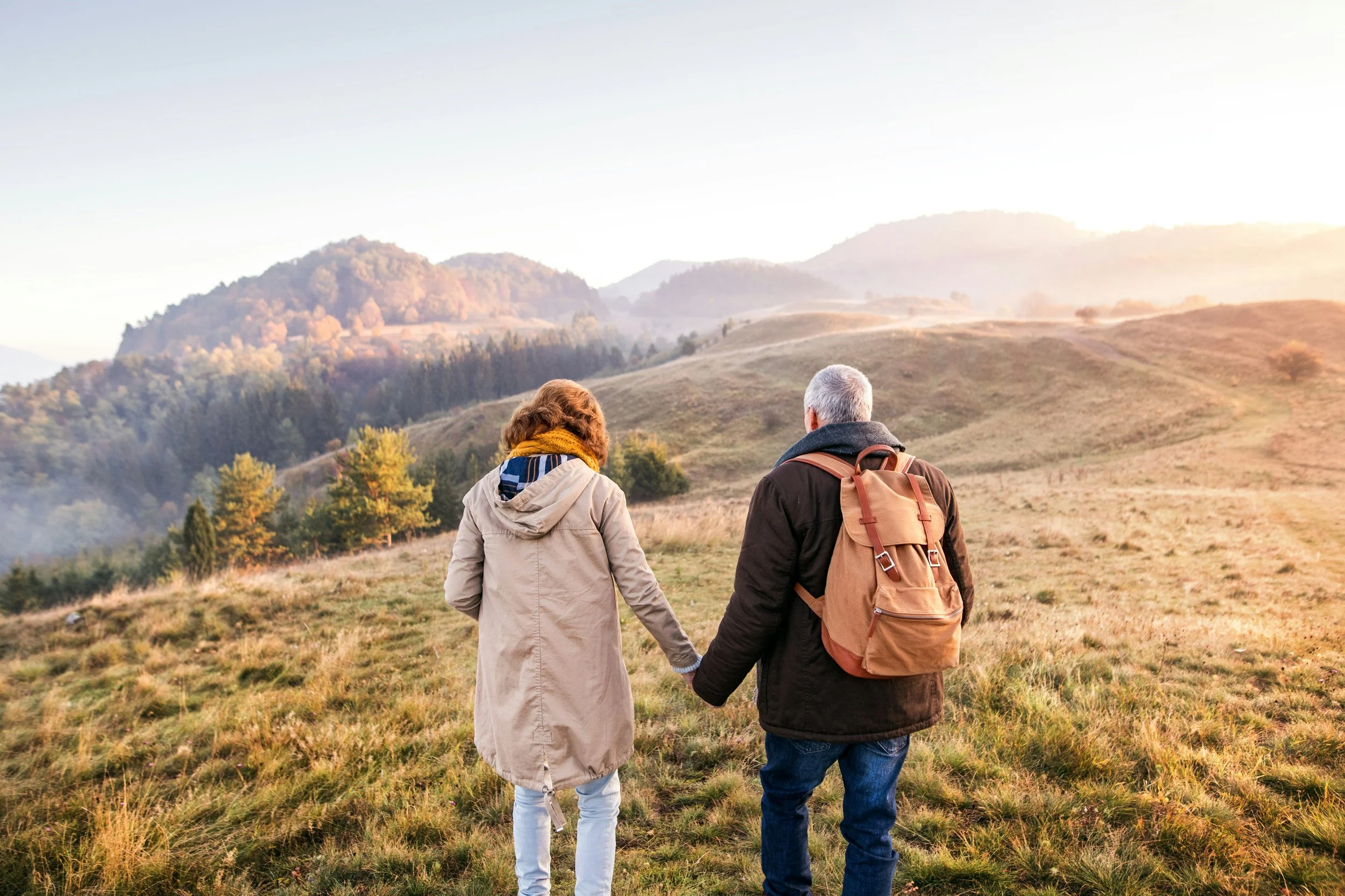An image of a couple walking hand-in-hand through a peaceful, scenic landscape. The serene setting symbolizes the goal of financial security and tranquility in retirement.