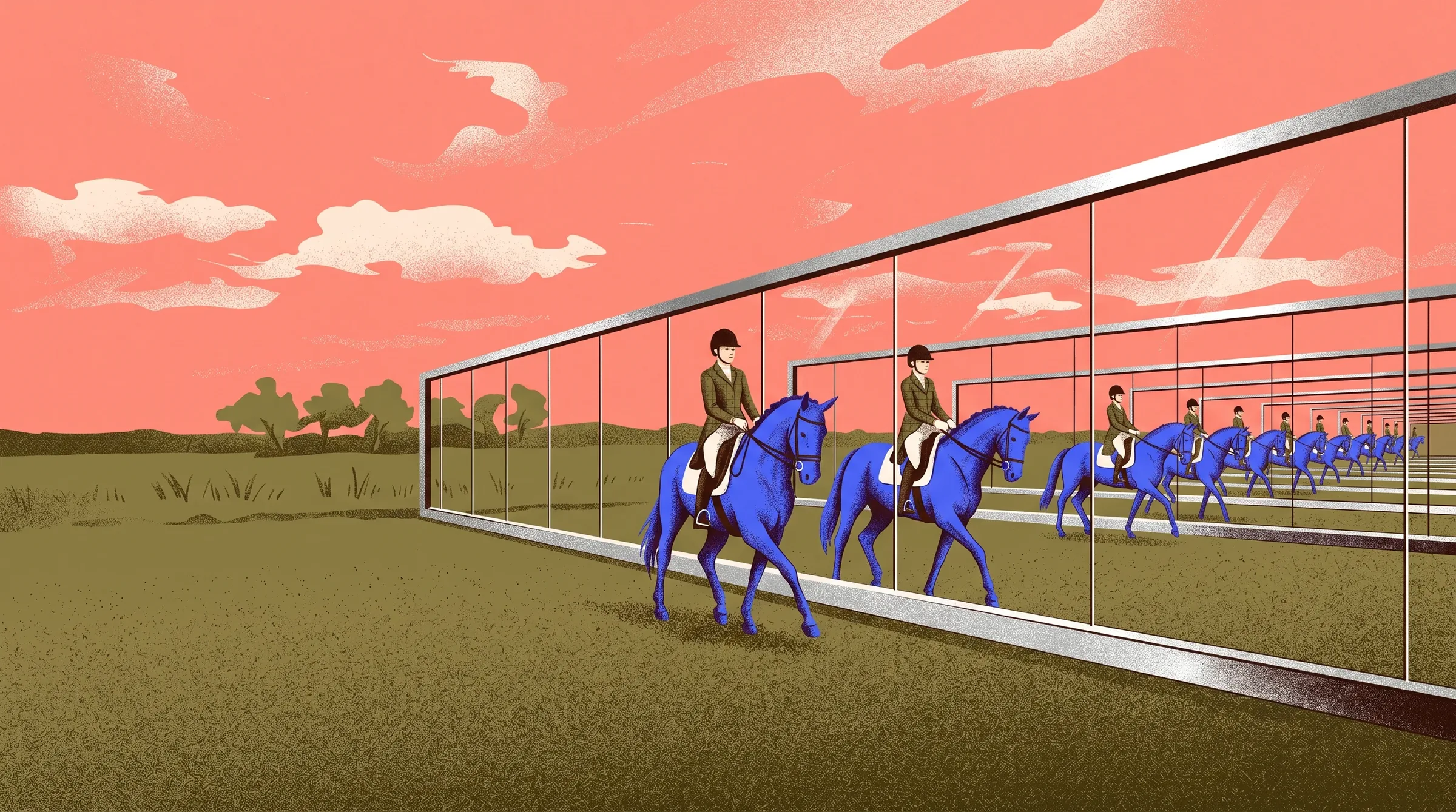 Encore AI riders on blue horses reflected endlessly down a mirrored arena