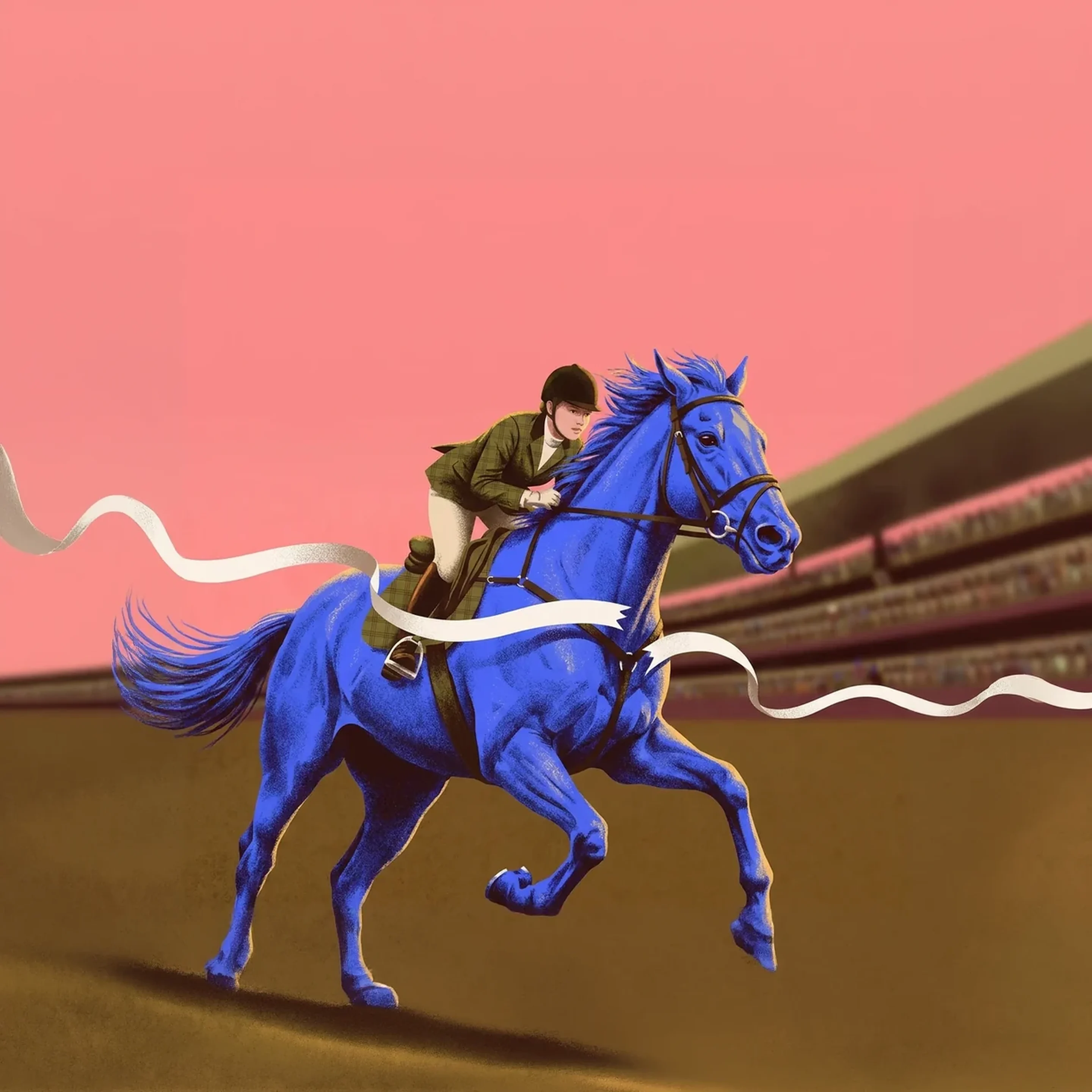 A rider on a blue horse breaking the finish tape
