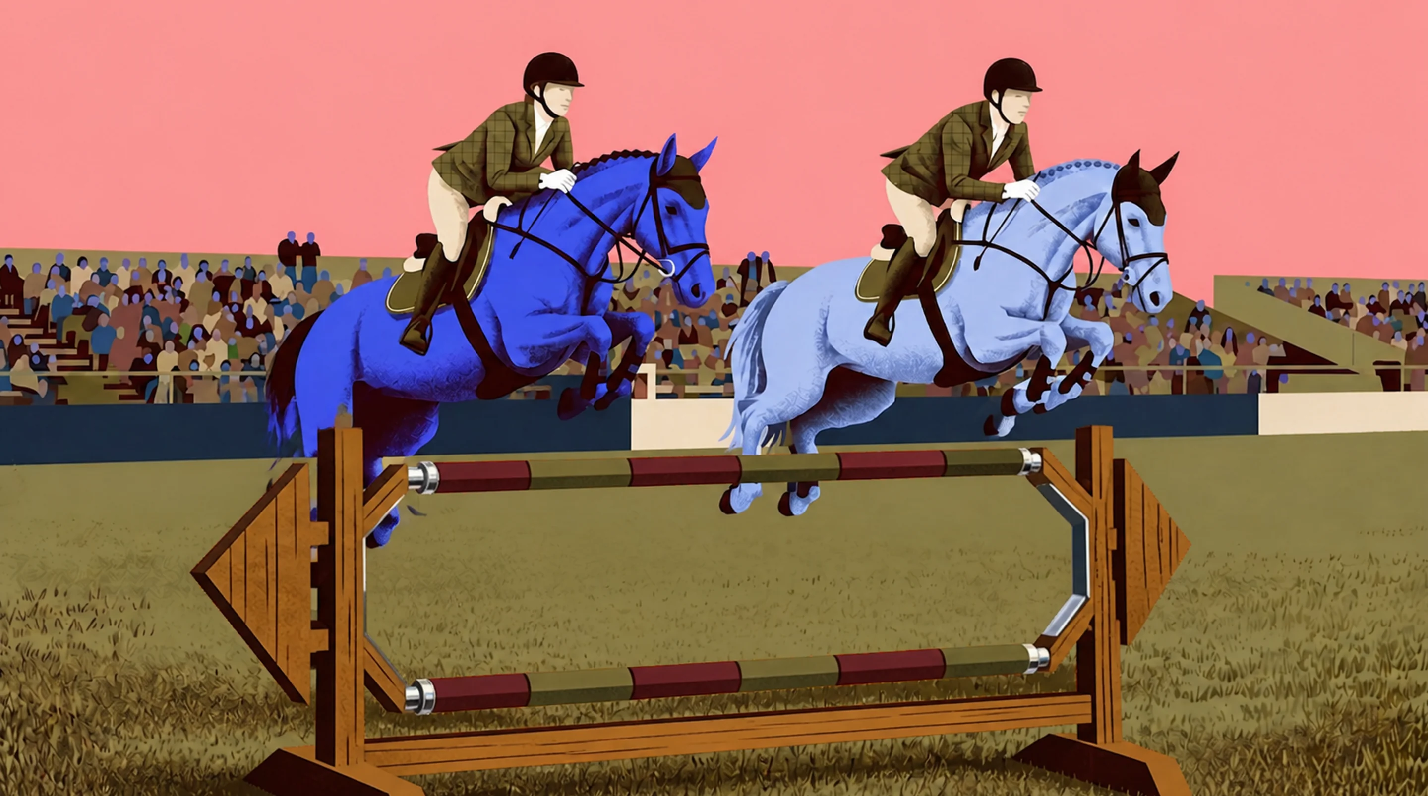 An Encore AI rider on a blue horse clearing a jump