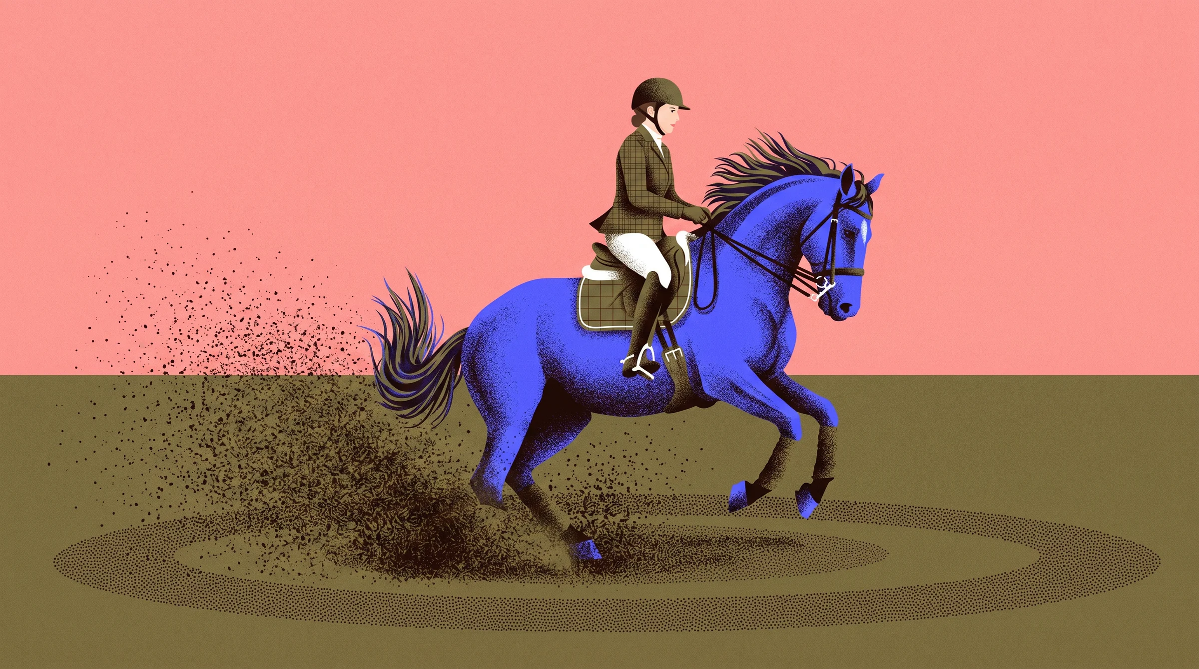 A rider on a blue horse turning sharply in an arena