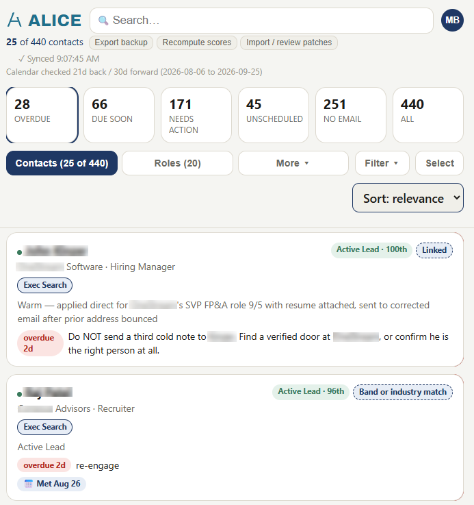 Alice morning view: ranked contacts with status, last touch and the next action owed