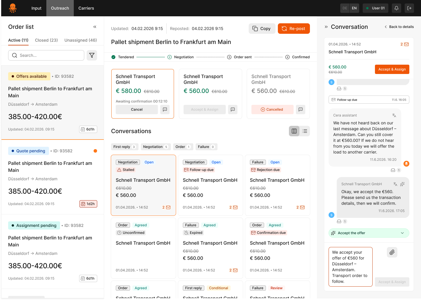 CERA AI dashboard showing order list, carrier offers and conversations