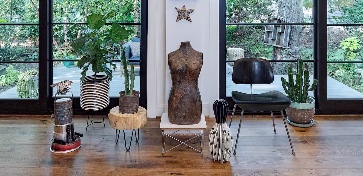 Curated interior with art, lighting and textiles