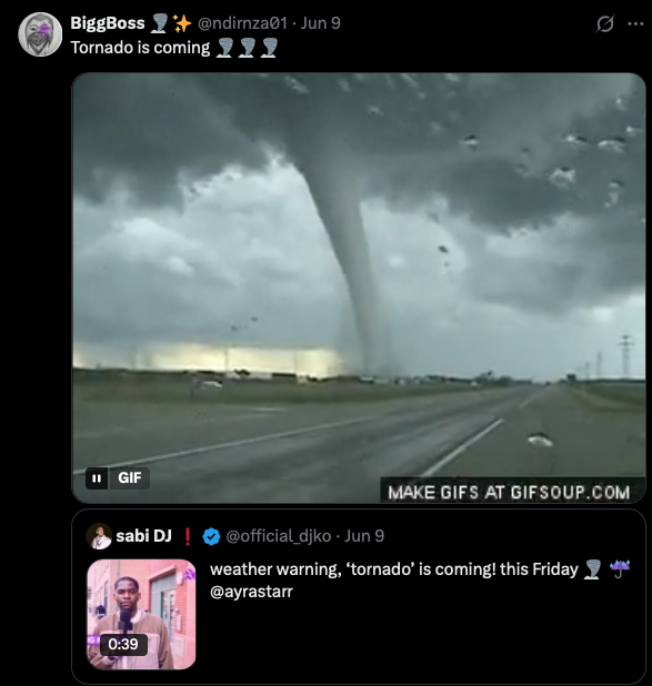 Fan tweet - Tornado is coming, storm GIF