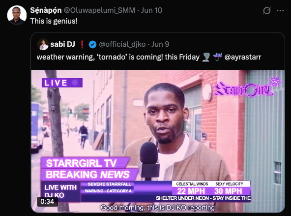 Fan tweet - This is genius, StarrGirl TV broadcast