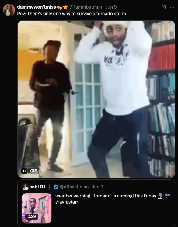 Fan tweet - only one way to survive a tornado, dance POV