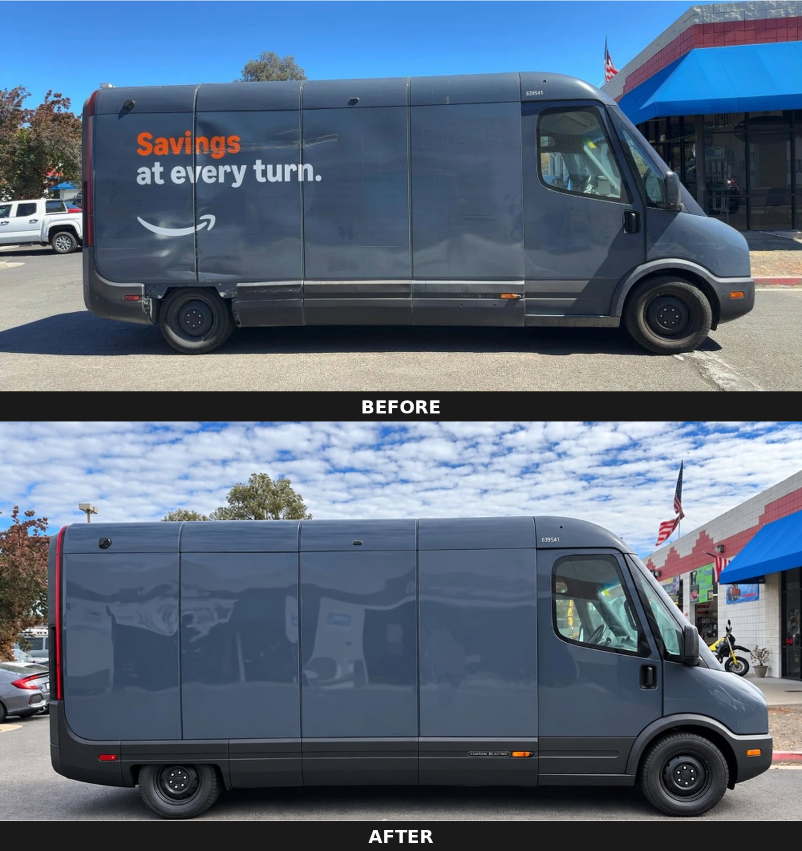 Before and after photos of an electric delivery van full side repaint at Spark Collision Center in Fremont, CA