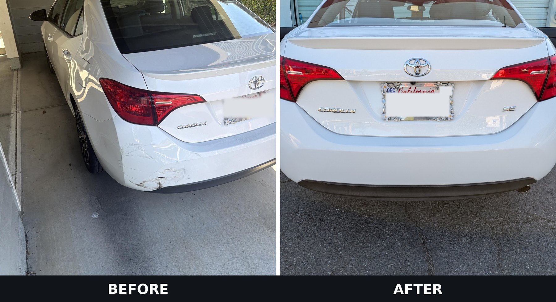 Before and after photos of a white Toyota Corolla rear bumper scratch and scuff repair at Spark Collision Center in Fremont, CA