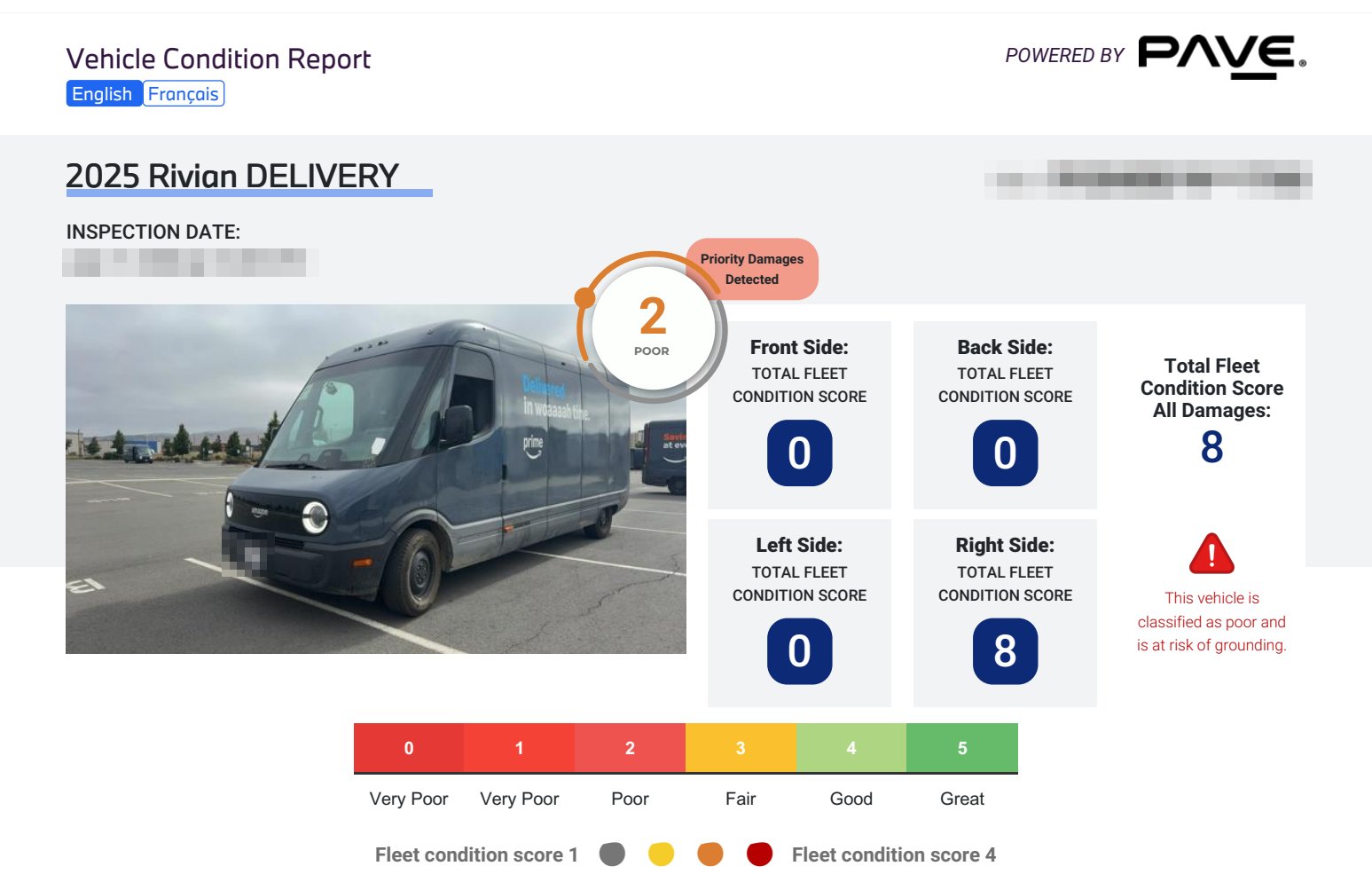 Example PAVE vehicle condition report for a Rivian delivery van showing fleet condition scores by side, with identifying details redacted