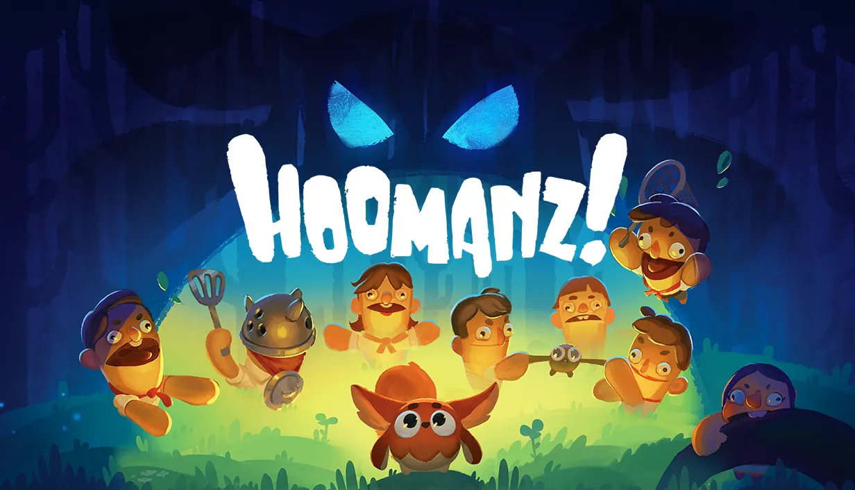 Cartoon scene with cheerful characters, an owl, and glowing letters spelling Hoomanz under blue eyes.