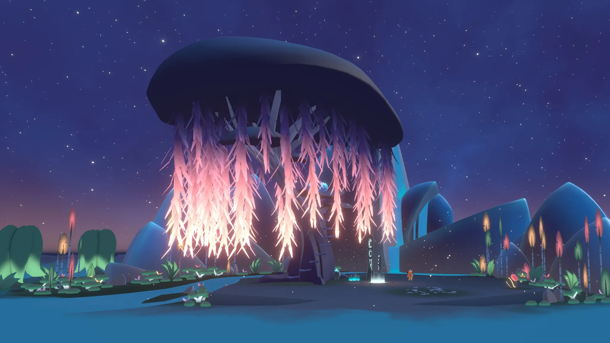 Glowing pink hanging plant under large dark mushroom in a surreal nighttime landscape with stars.