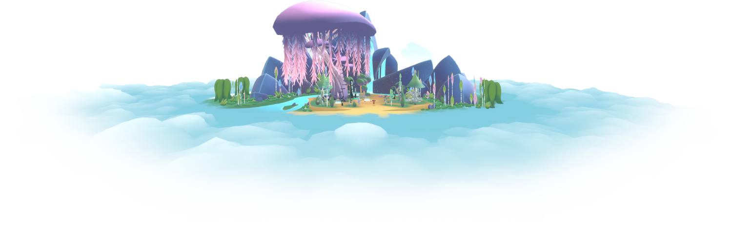 Floating island with purple canopy, rocks, and green plants above white clouds under a blue sky.