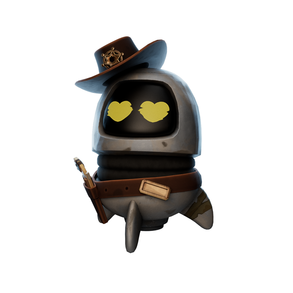 Robot with a cowboy hat and sheriff badge, heart-shaped eyes, and a brown belt with a holster.