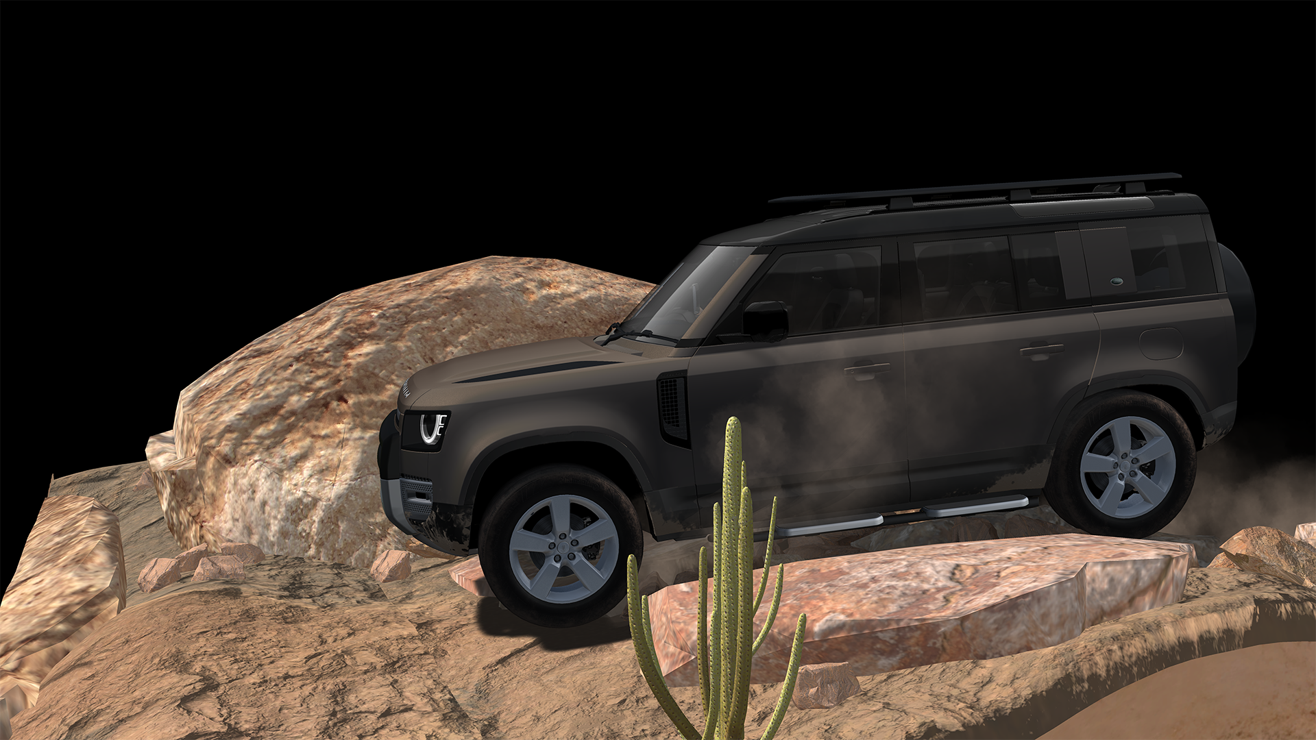 Black off-road SUV driving on rocky desert terrain with a cactus in the foreground.