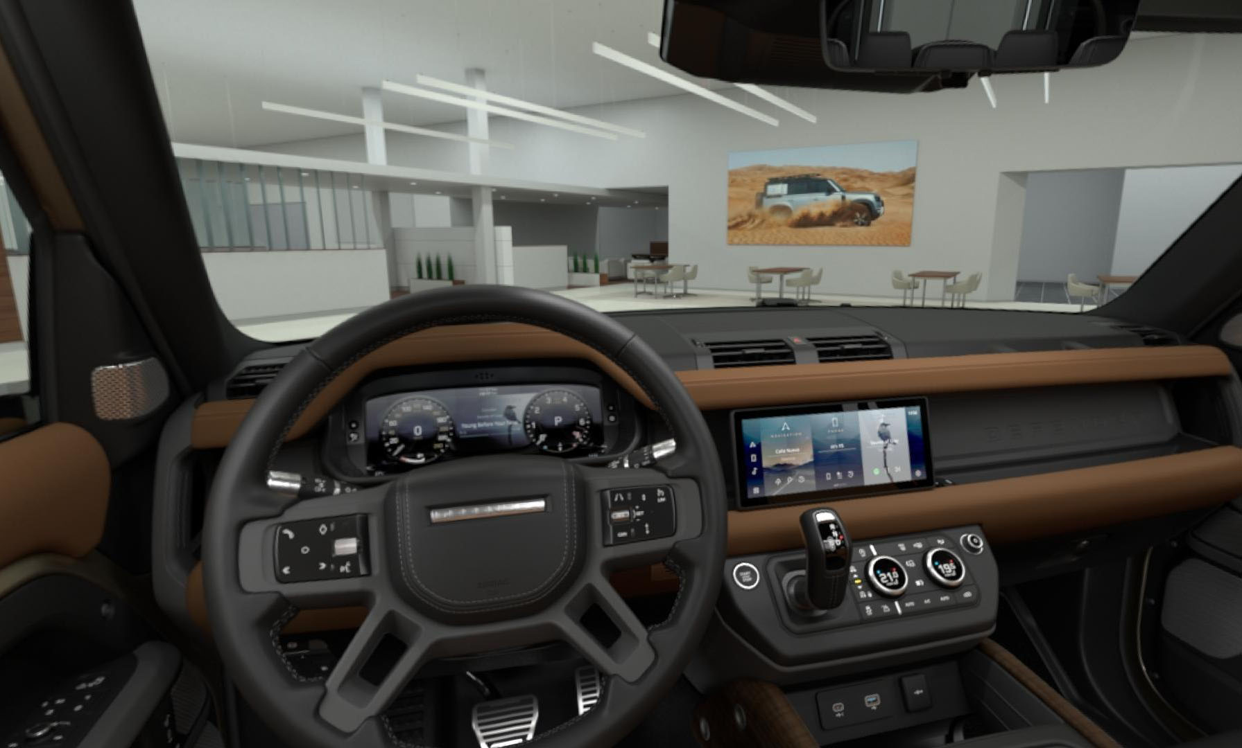 Interior view of a car dashboard with a steering wheel, digital instrument cluster, and touchscreen display.