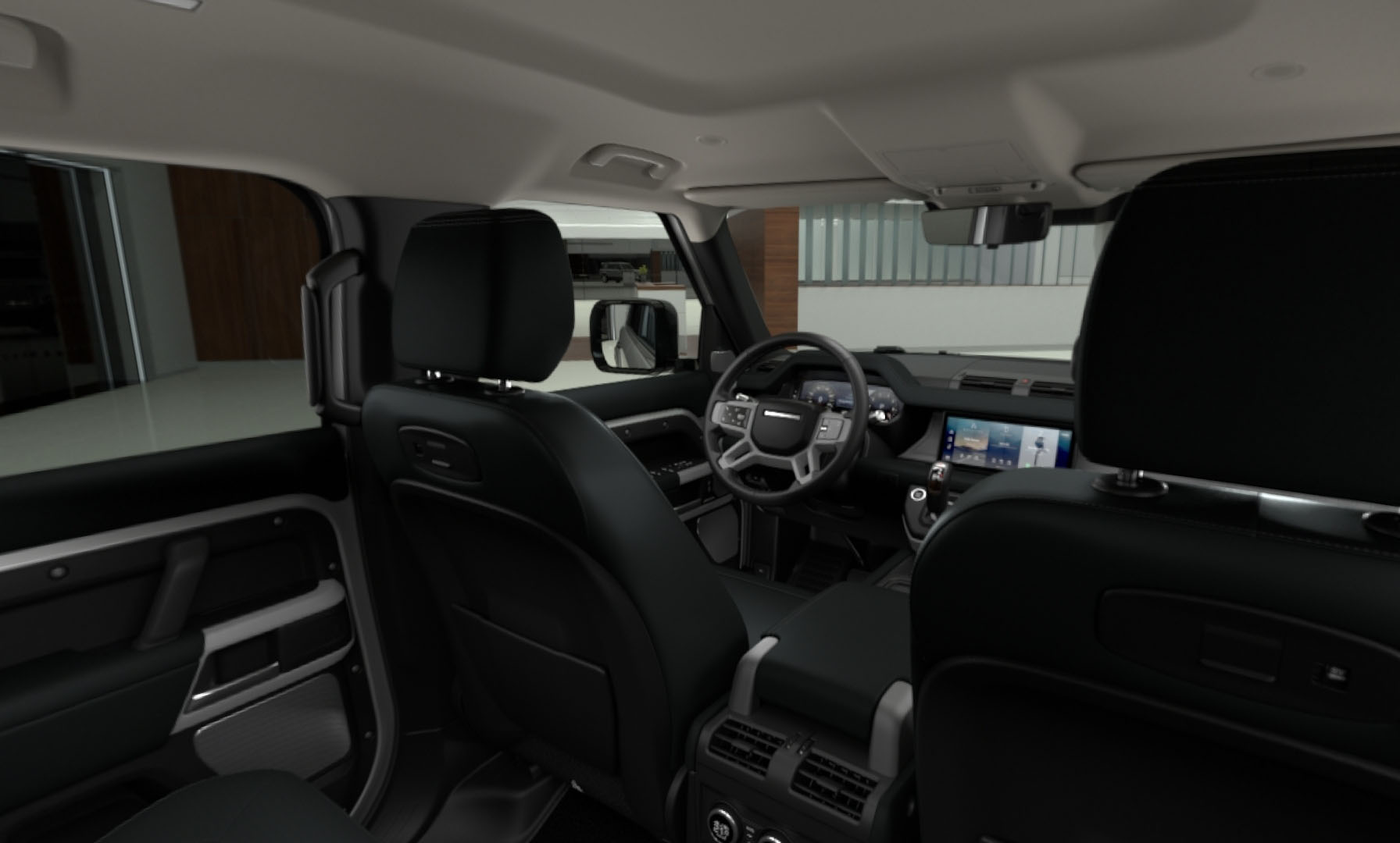 Interior view of a modern car showing black leather seats, steering wheel, and dashboard with digital screens.